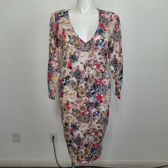 Asos Curve Jewel Flower Print V-Neck Coquette Bodycon Cottagecore Midi Dress 16 - Picture 3 of 11